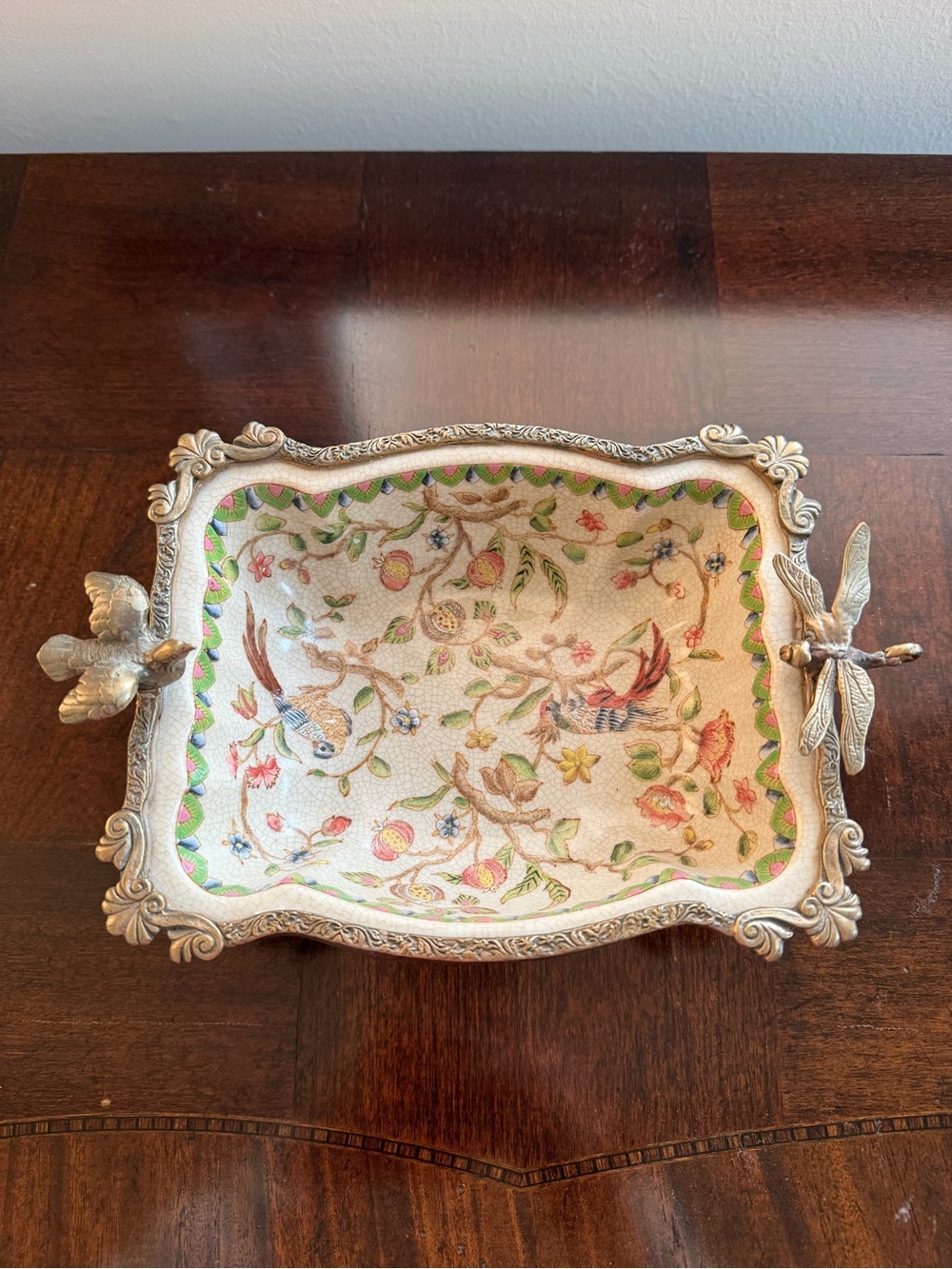Floral Bird Decorative Trinket Dish with Ornate Metal Frame